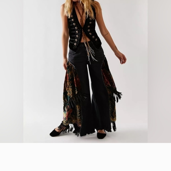 We The Free Black Just Frills Floral Velvet Fringe Jeans - Picture 8 of 13